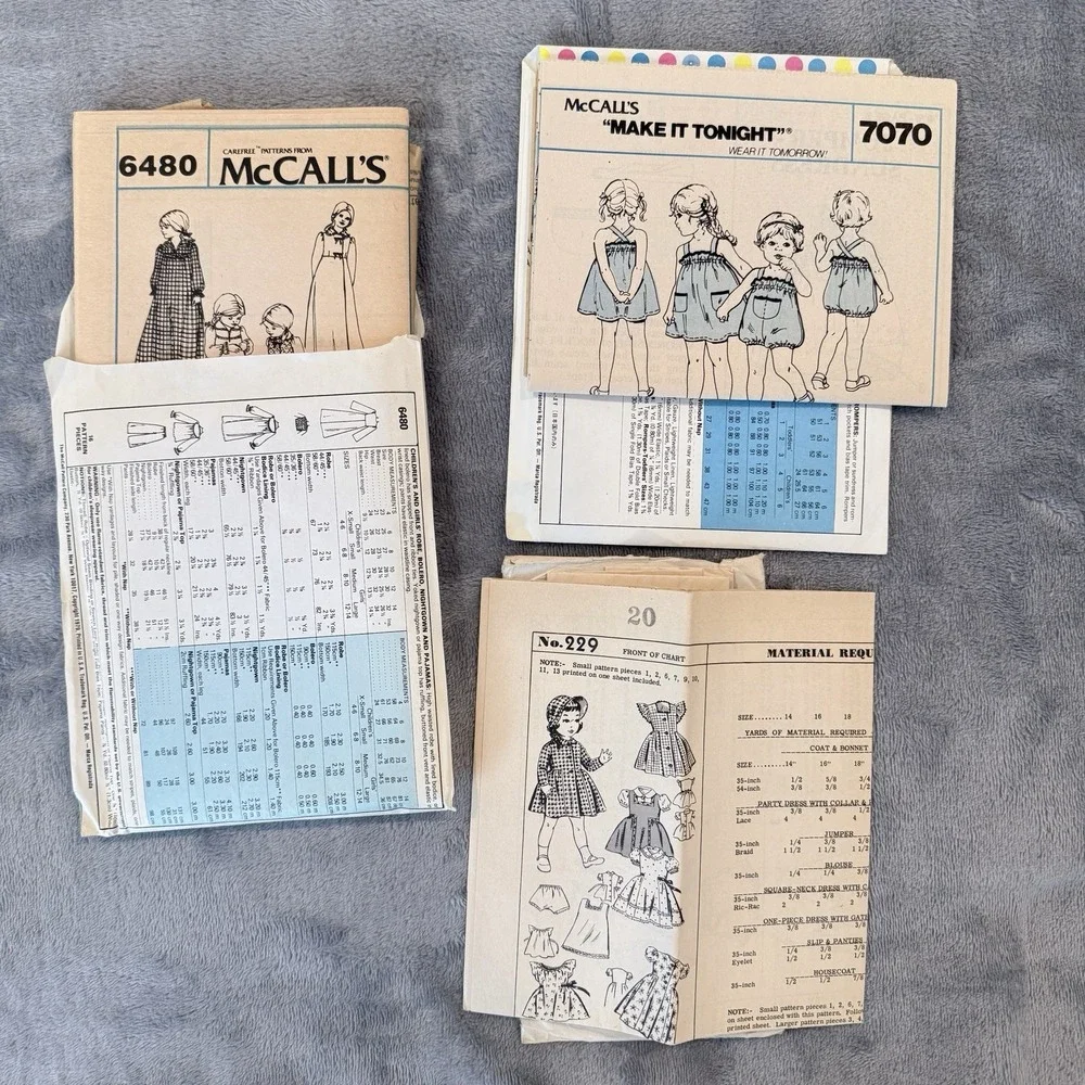 Vintage McCalls Sewing Patterns Lot 6480 7070 Toddler Girl Nightgown 70s 80s